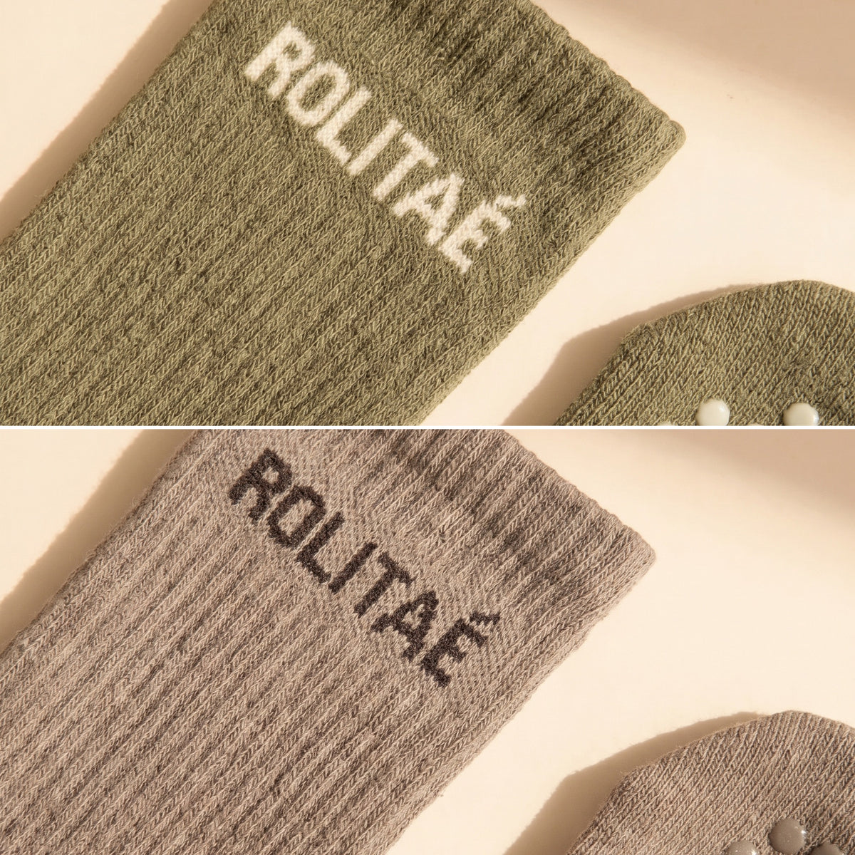 Duo pack pilates sokken groen en mocha, close-up van de boord en de siliconen antislip zool