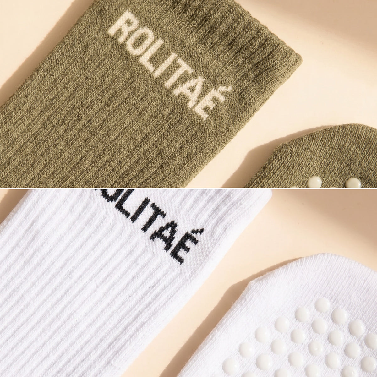 Duo pack pilates sokken groen en wit, close-up van de boord en de siliconen antislip zool