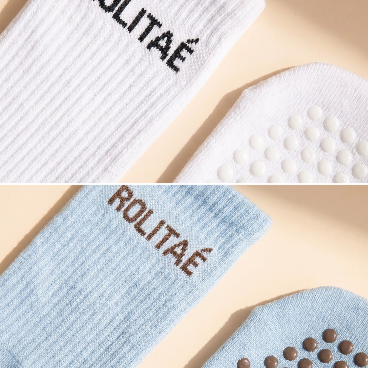 Duo pack pilates sokken wit en baby blauw, close-up van de boord en de siliconen antislip zool