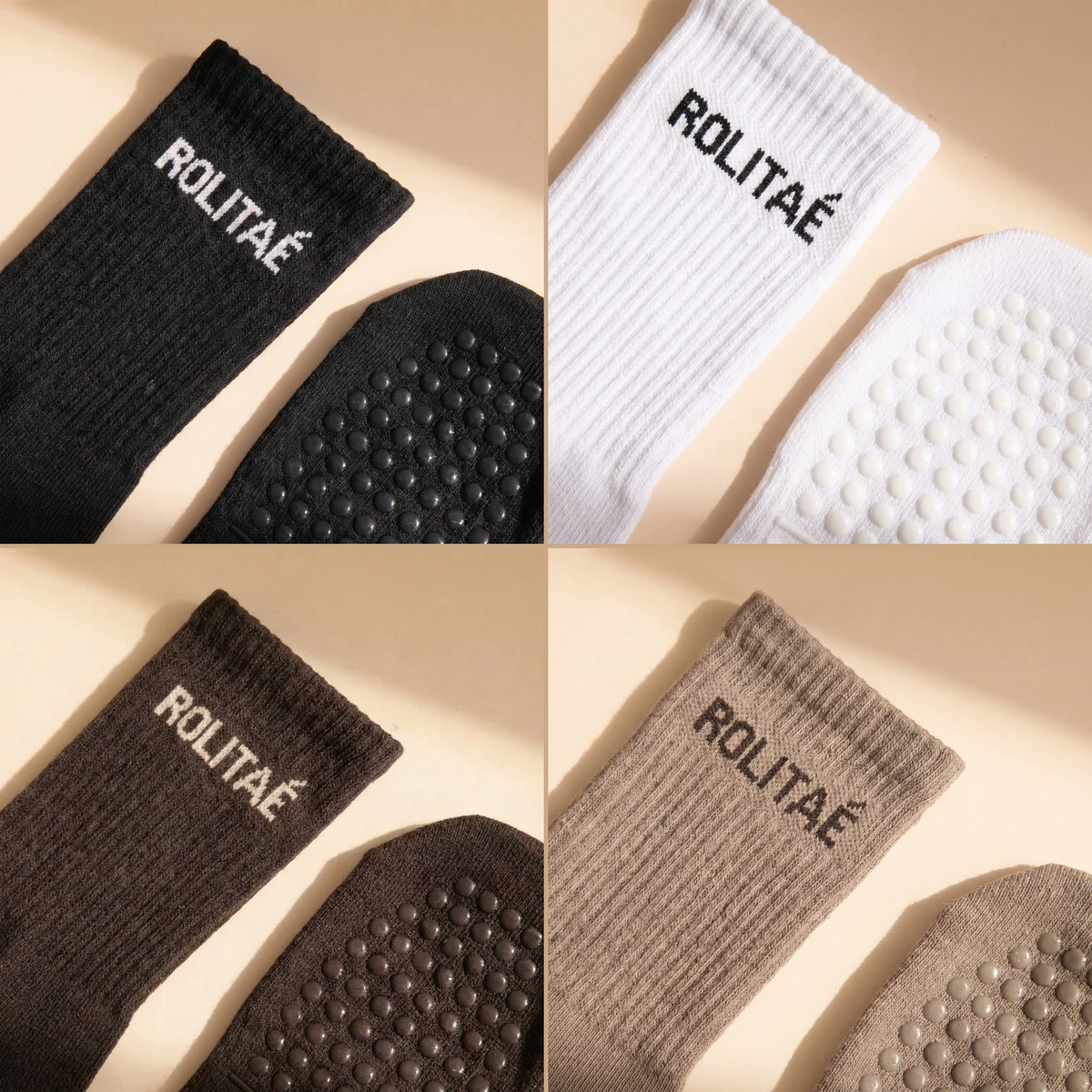 Four pack pilates sokken zwart, wit, bruin en mocha, de boord met logo en de siliconen grip
