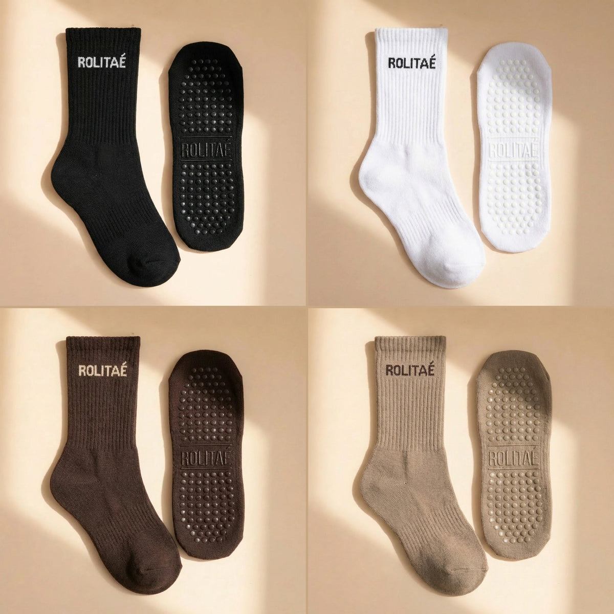 Four pack pilates sokken zwart, wit, bruin en mocha, de sok en de antislip zool