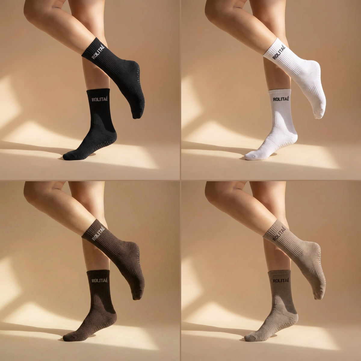 Four pack pilates sokken zwart, wit, bruin en mocha, gedragen