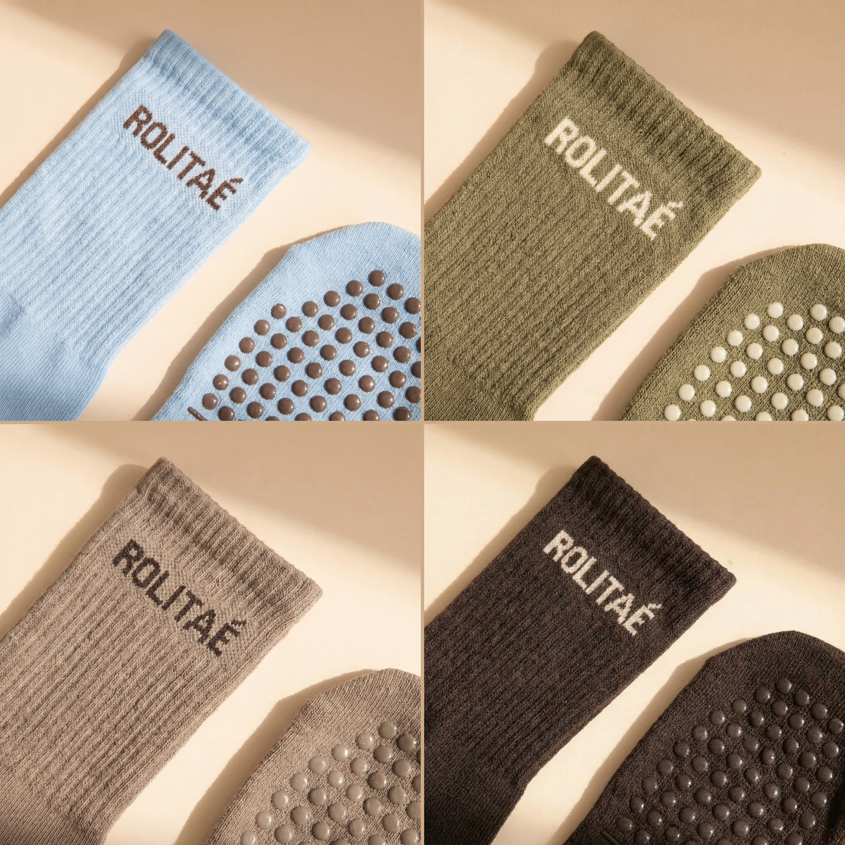 Four pack pilates sokken baby blauw, groen, mocha en bruin, de boord met logo en de siliconen grip
