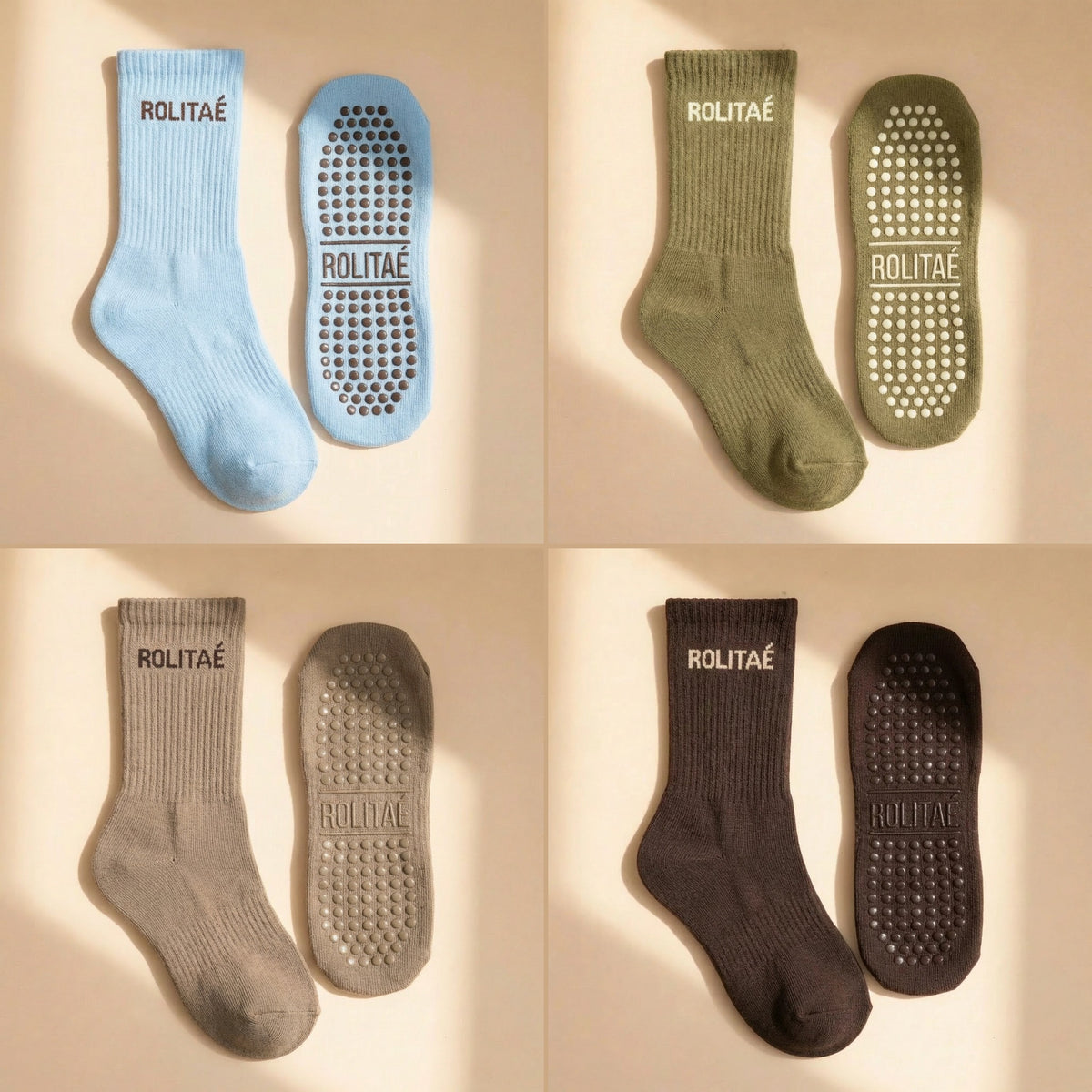 Four pack pilates sokken baby blauw, groen, mocha en bruin, de sok en de antislip zool