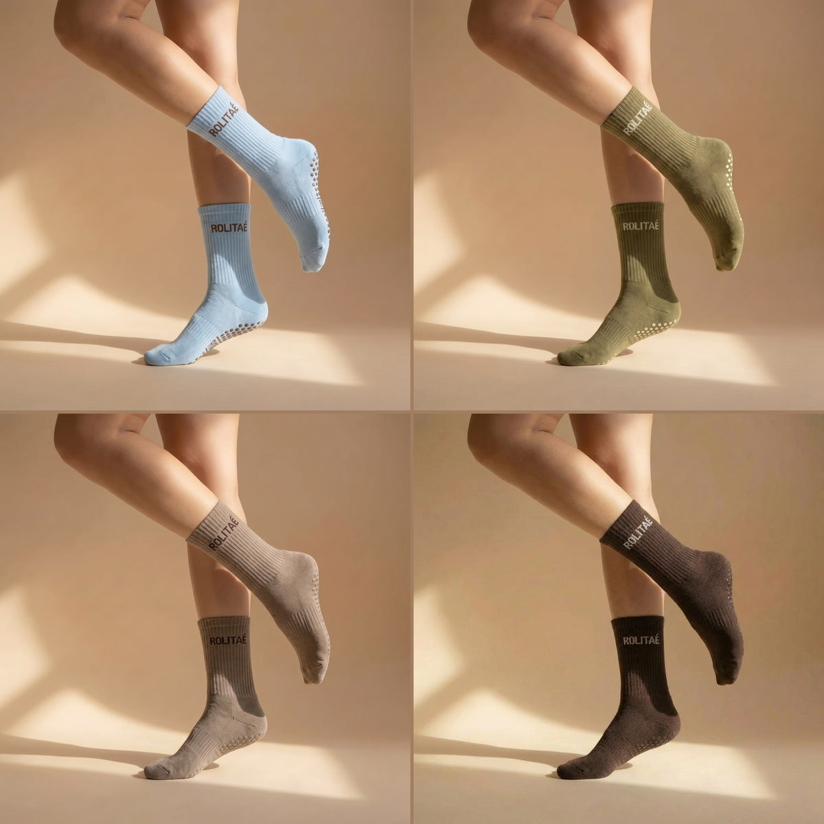 Four pack pilates sokken baby blauw, groen, mocha en bruin, gedragen