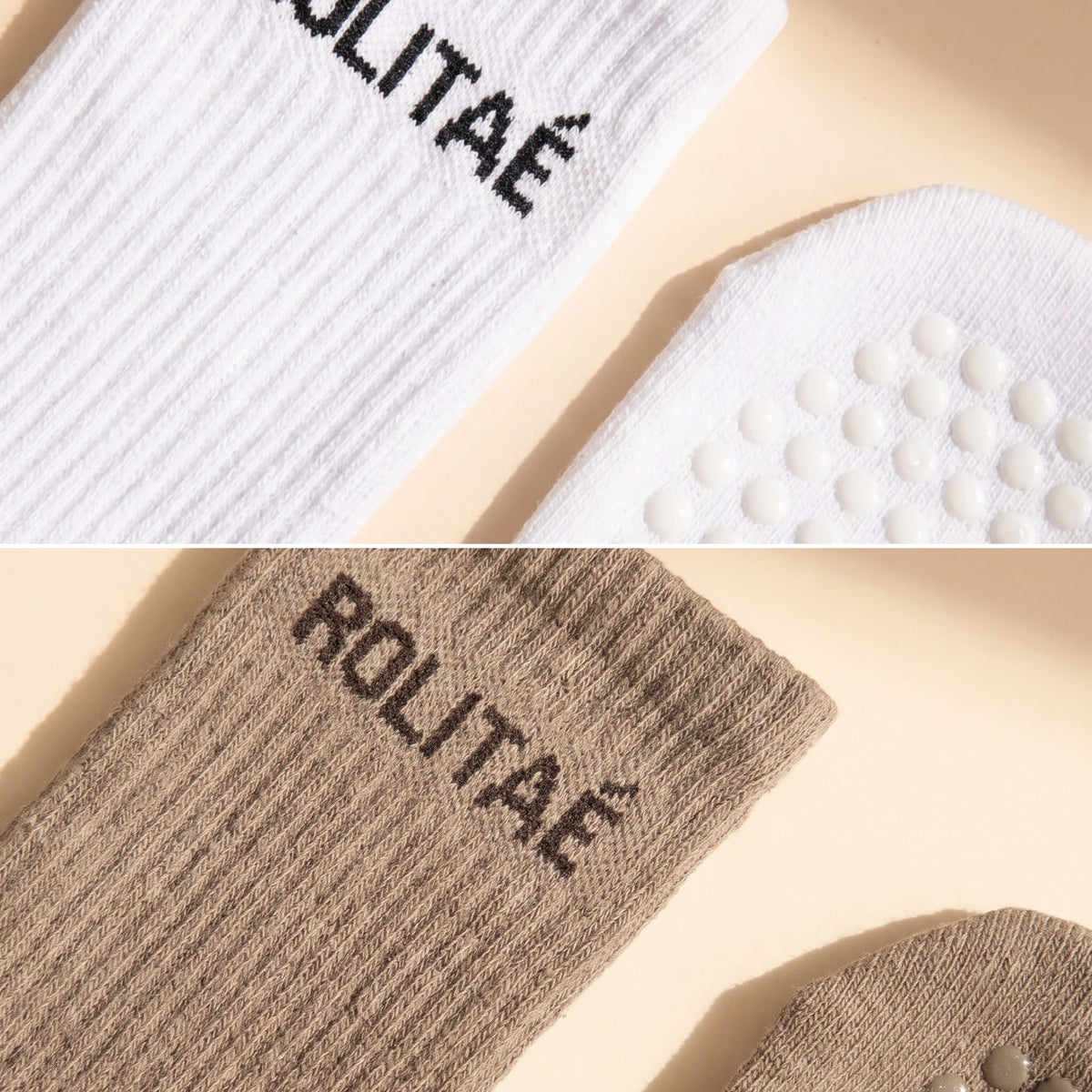 Four pack pilates sokken wit en mocha, close-up van de boord en de siliconen antislip zool