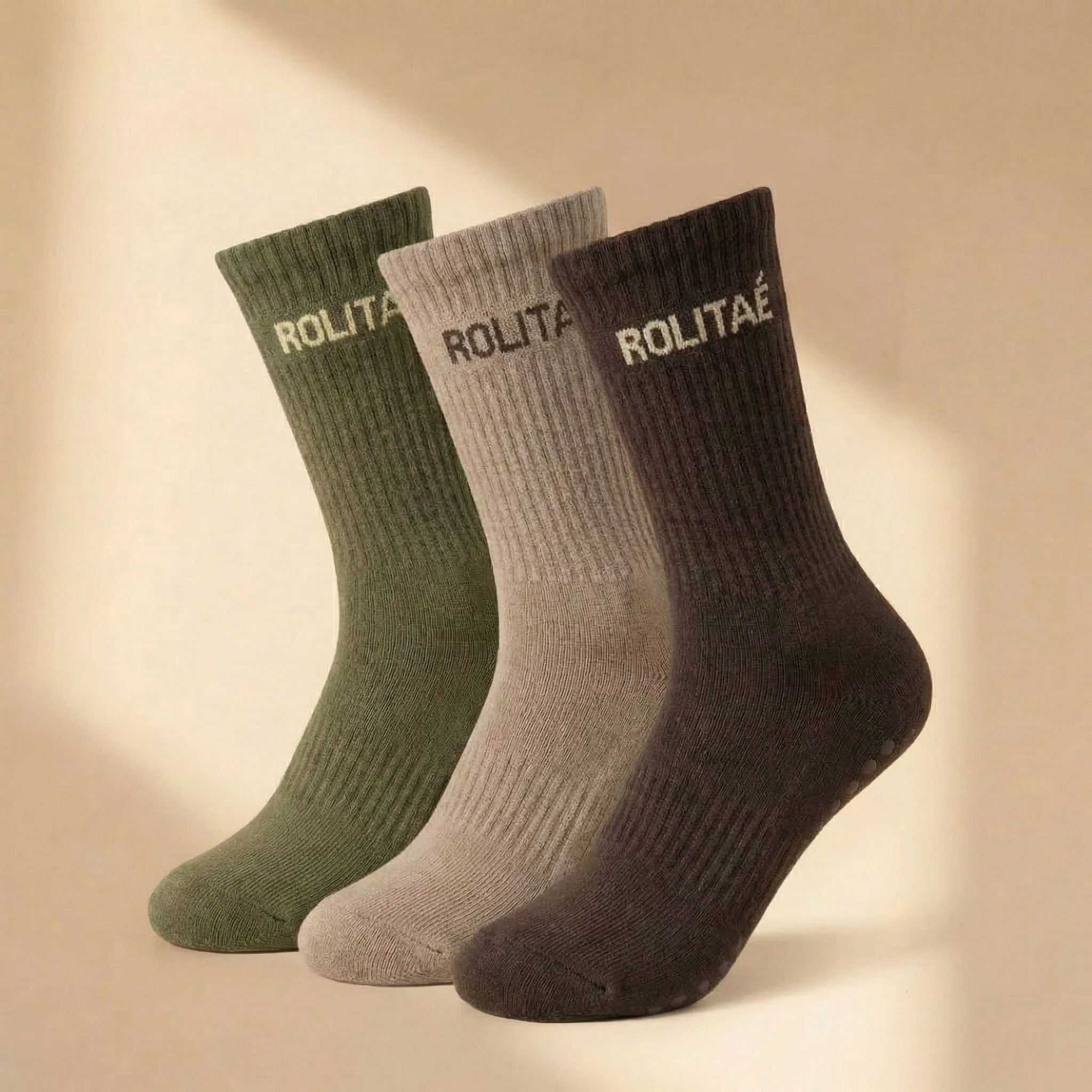 Triple pack pilates sokken mocha groen en bruin met antislip grip zool