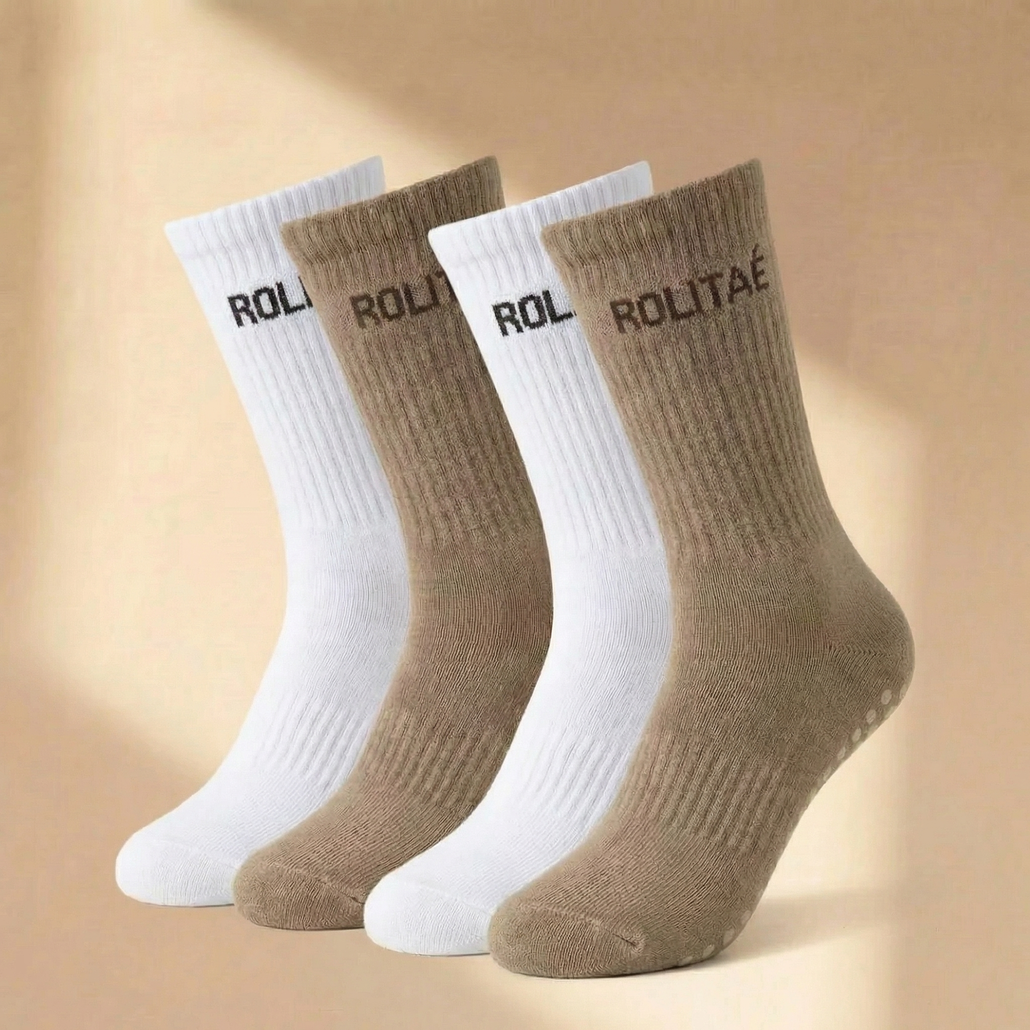 Four pack pilates sokken wit mocha baby blauw en groen met antislip grip zool