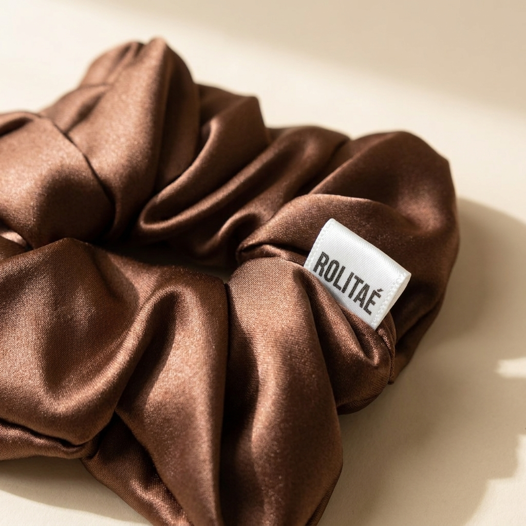 Silk Scrunchie Bruin - detail zijde en label