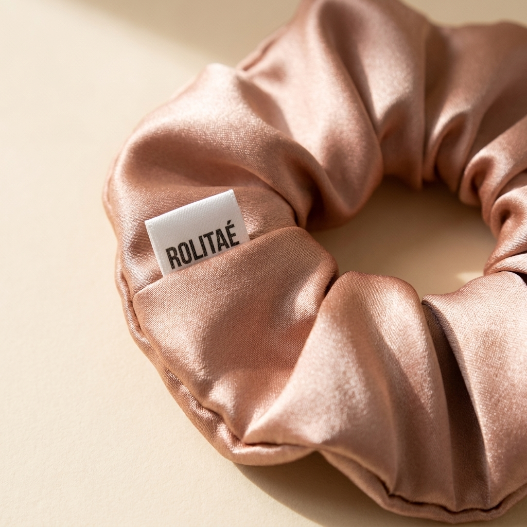Silk Scrunchie Rosé - detail zijde en label