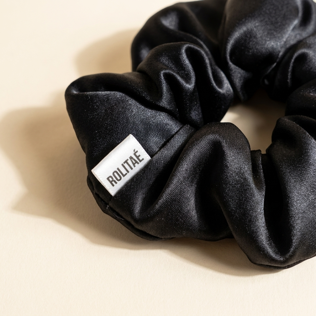 Silk Scrunchie Zwart - detail zijde en label