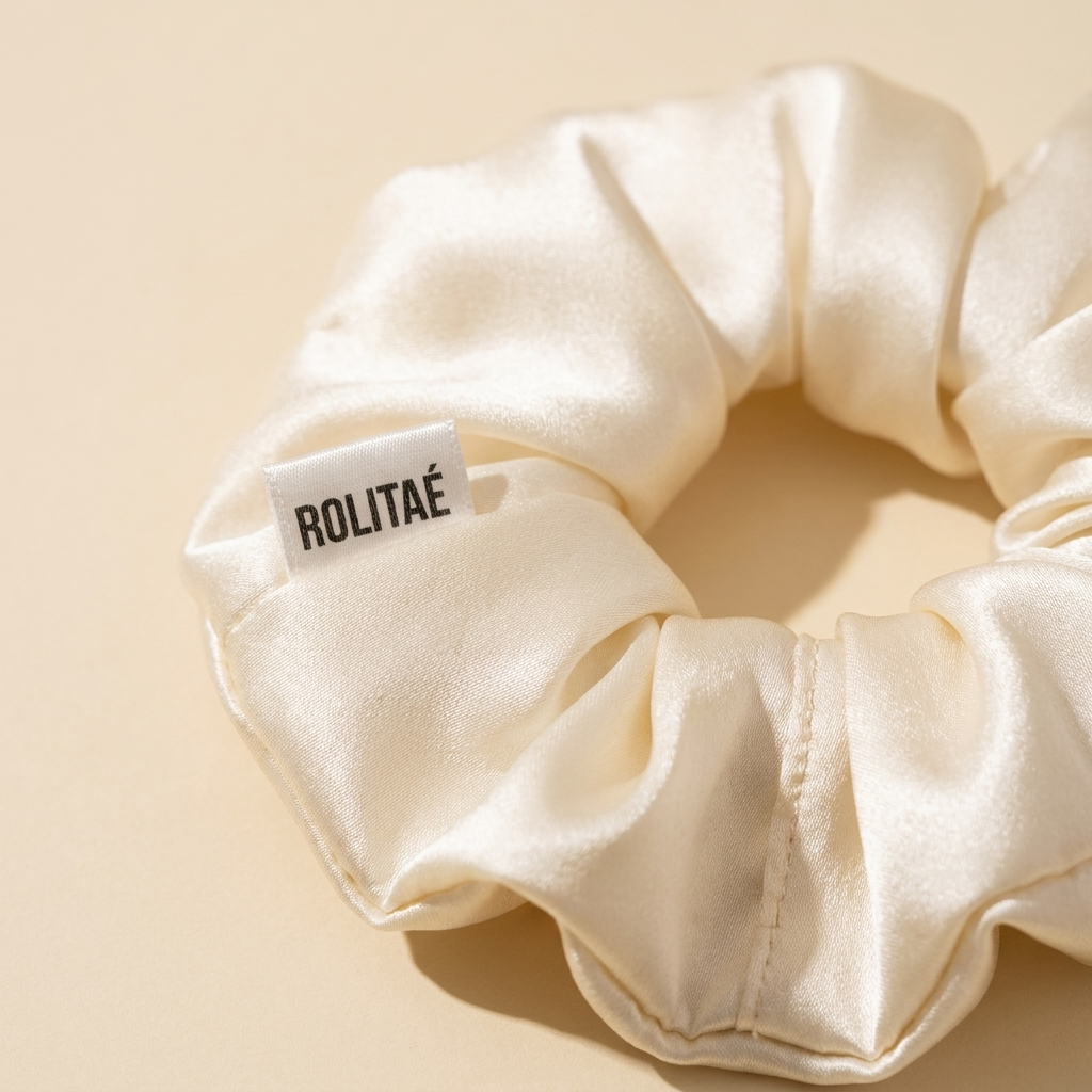 Silk Scrunchie Wit - detail zijde en label