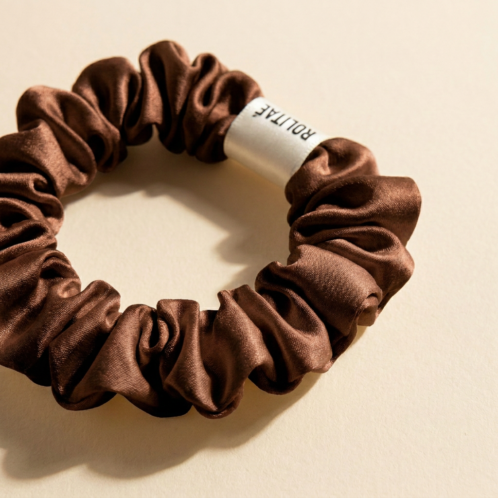 Close-up van de bruine Rolitae mini scrunchie: zijdeglans en het gewikkelde witte ROLITAE label