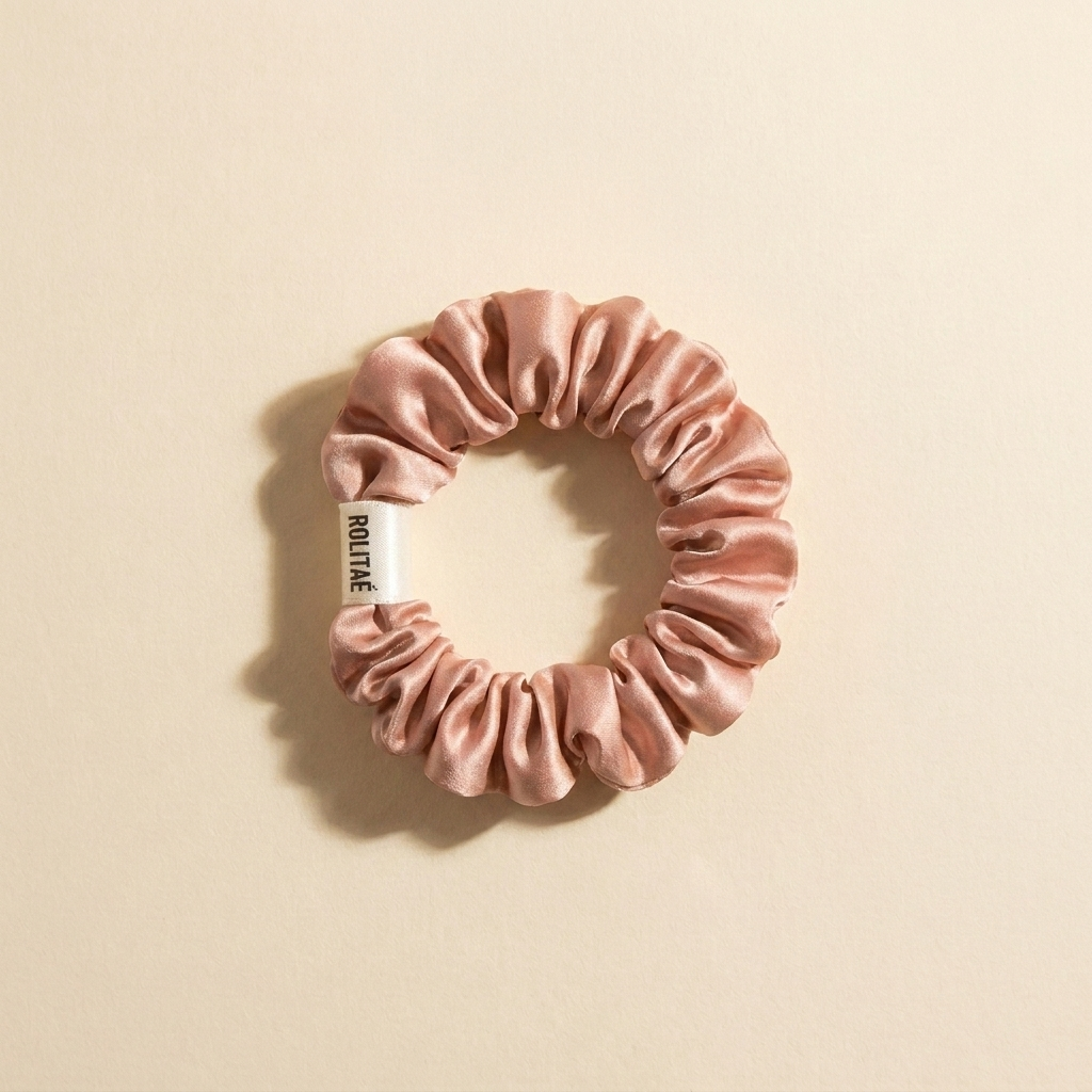 Rolitae Silk Scrunchie Mini in rose - 100% moerbeizijde met gewikkeld wit ROLITAE label