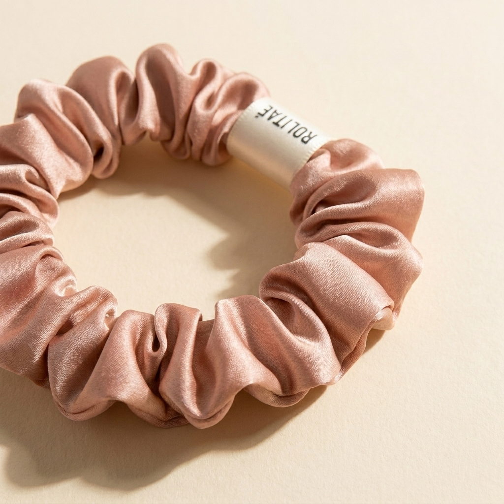 Close-up van de rose Rolitae mini scrunchie: zijdeglans en het gewikkelde witte ROLITAE label