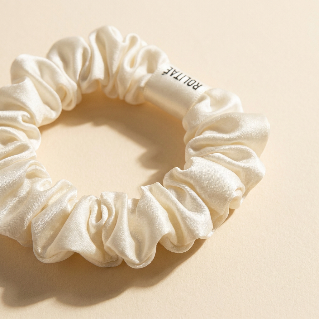 Close-up van de witte Rolitae mini scrunchie: zijdeglans en het gewikkelde ROLITAE label